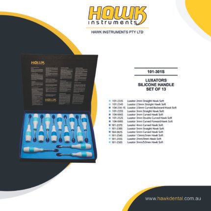 Hawk Dental 13-piece Root Luxators Set with assorted sharp curved tips for tooth extraction in Australia
