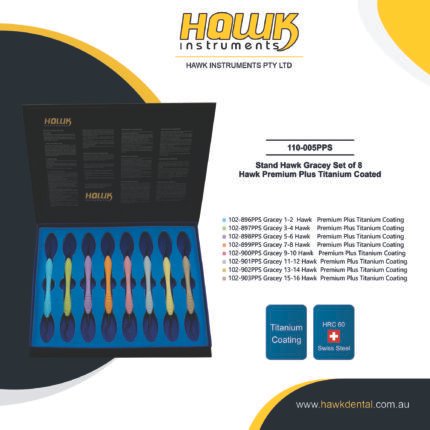 Hawk Dental 8-piece Black Gracey Curettes Set with titanium-coated tips for periodontal scaling in Australia
