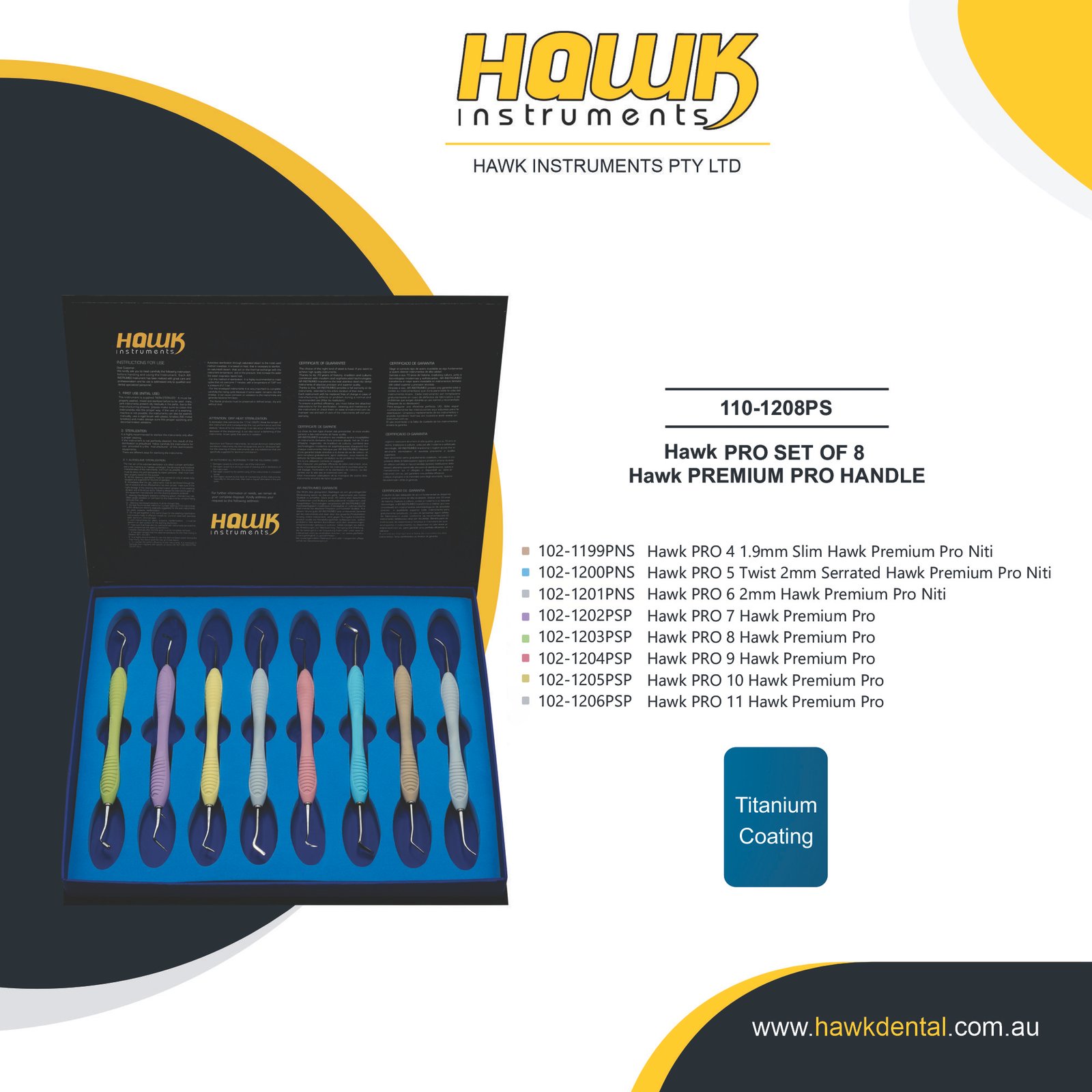 110-1208PS Hawk Dental 8-piece composite filling instruments set with double-ended tips for restorative dentistry in Australia