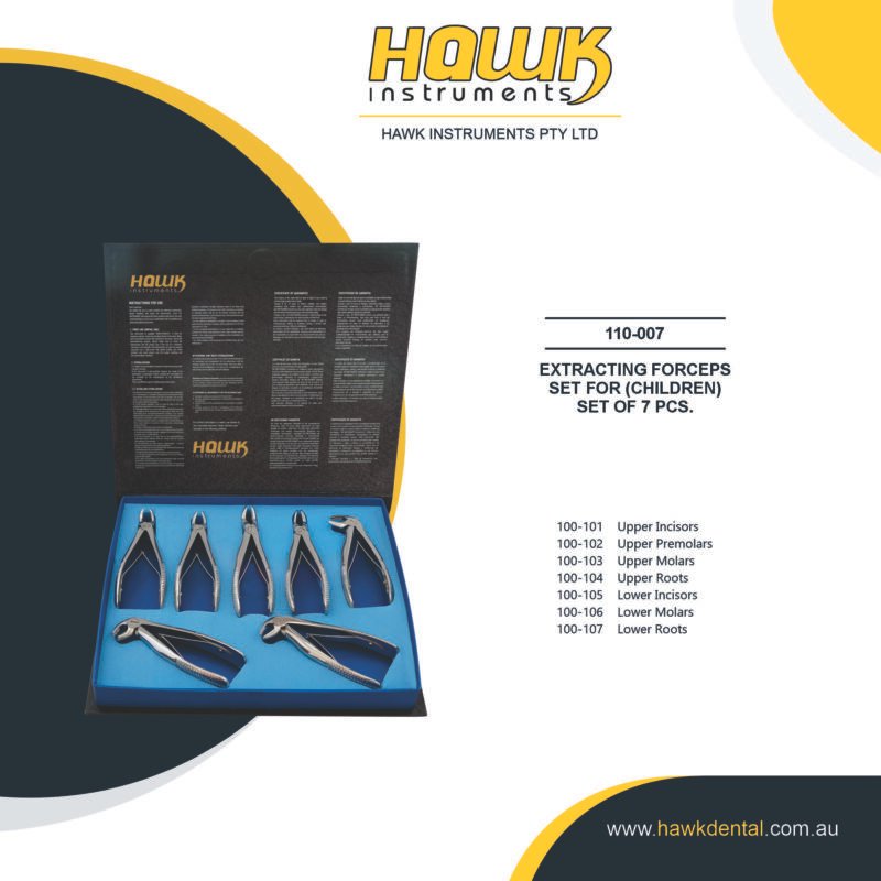 Hawk Dental 7-piece Pediatric Extraction Forceps Set for primary tooth removal in Australia