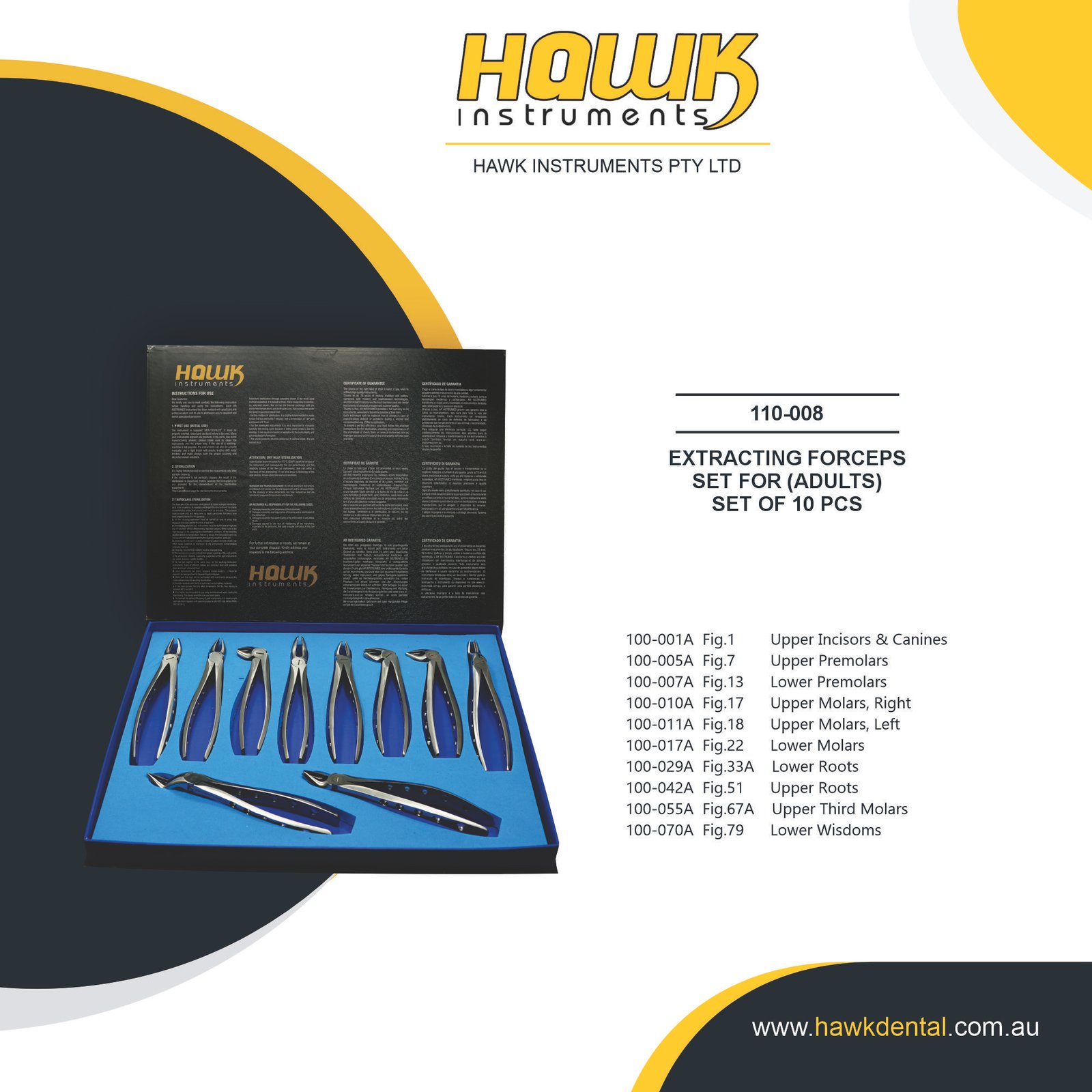110-008 Hawk Dental 10-Piece Adult Dental Extraction Forceps Set Australia