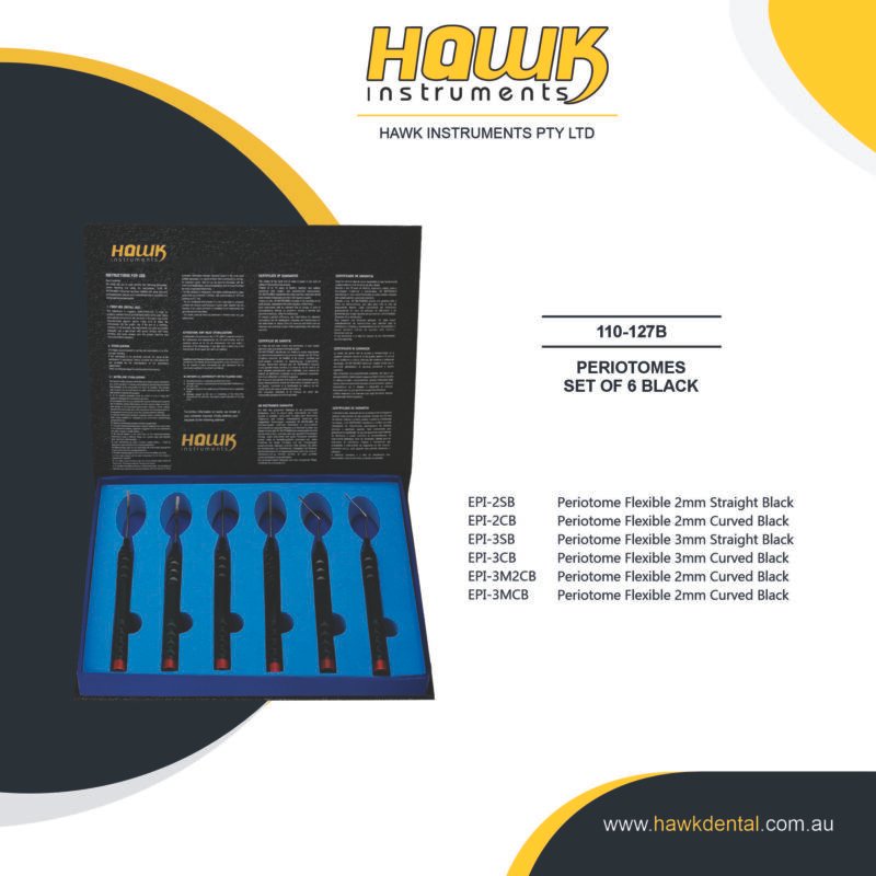 Hawk Dental 6-piece Black Flexible Periotome Set for controlled atraumatic tooth extraction in Australia